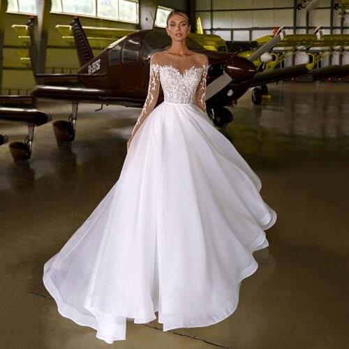 Thinyfull Elegant Sheer Scoop Neck Wedding Dresses A Line Long Sleeve Court Train Bridal Gown Lace Appliques Vestido De Novia