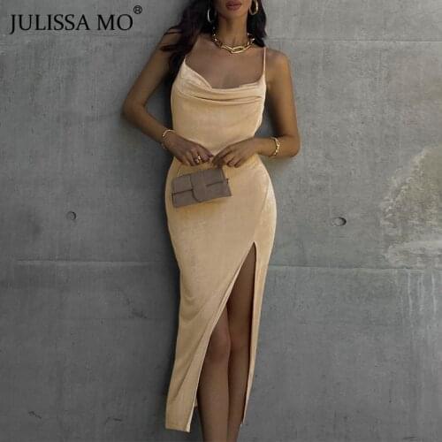JULISSA MO High Split Sleeveless Spaghetti Strap Dresses 2021 Summer Women Backless Sexy Slim Dress Ladies Elegant Party Vestido