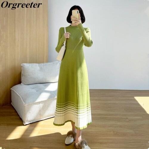Fall New Pullover Outwear Sweater Dresses Women Winter Fashion Gradient stripes Hem A-line Knitted Bottoming Long Dress Female