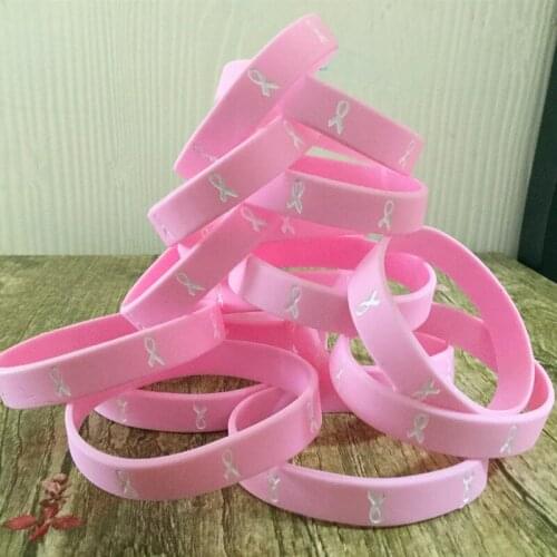 1pc Breast cancer awareness ribbon sport silicone rubber bracelet wristband shipping