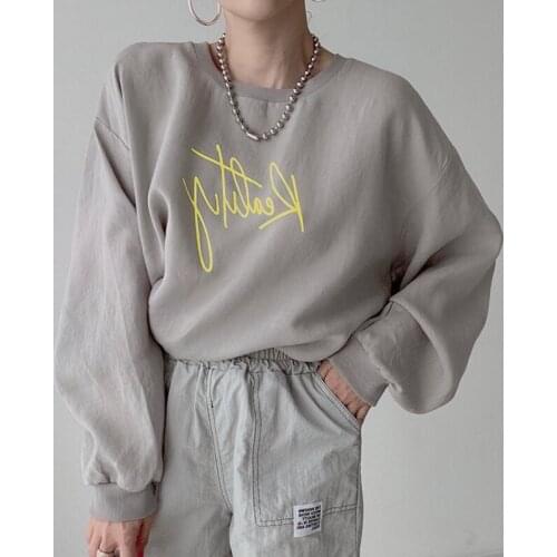 2021 Early Autumn Korean Casual Blouse Female Round Neck Puff Sleeve Letter Printing Blusa Loose Pullover T-shirt DF190