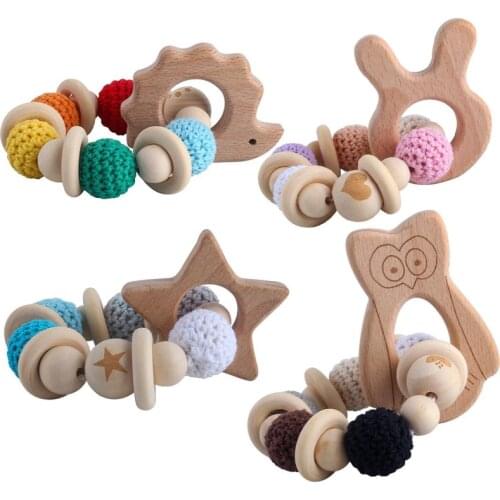 Baby Wooden Teether Toys Olive Oil Treatment Wood Hedgehog Teething Rattle Bracelet Safety Organic Infant Montessori Chew Toy