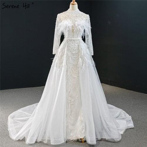 Long Sleeves Feathers Pearls Formal Dresss Long 2020 White High Collar Detachable Train Evening Dresses Serene Hill BHM67052