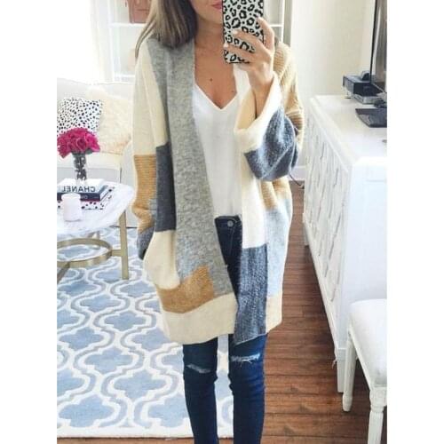 Hit The Color Patchwork Long Cardigan Poacket Coat Autumn Winter Long Sleeve Loose Knitted Sweaters