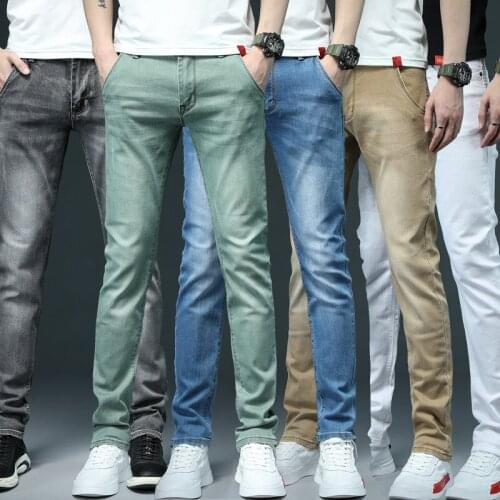 7 colors Mens Stretch Jeans Fashion Casual slim Denim trousers Men Gray Black Khaki White pants Biker jeans