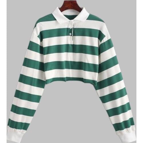 Polo Shirt Women Sweatshirt Long Sleeve Green Black Harajuku Ladies Hoodies with Button Striped Korean Style Sweatshirt Women