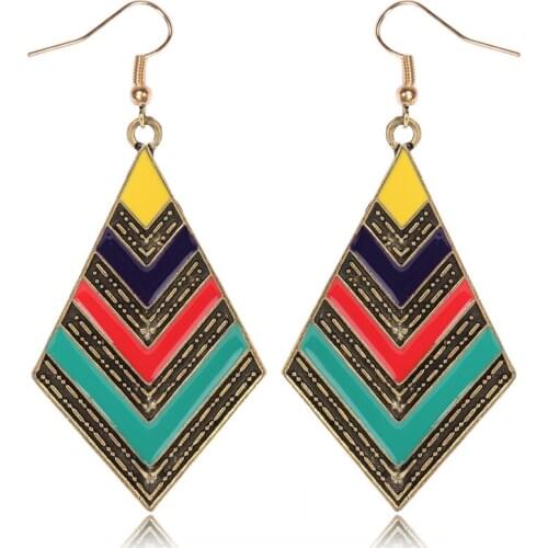 HC New Fashion Long Party Earrings Multi Color Enamel Bohemia Earrings Geometric Pendant Drop Earrings Women Vintage Jewelry F