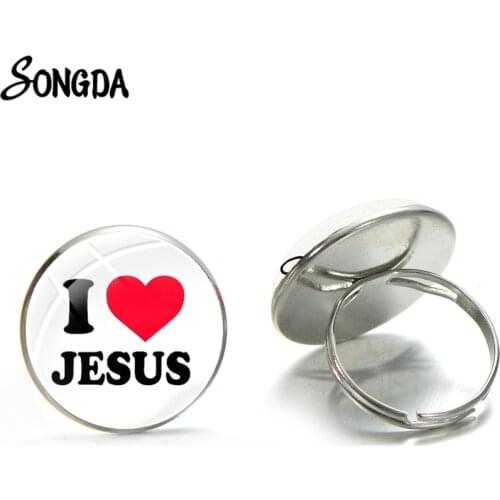 I Love Jesus Ring Art Painting Adjustable Ring Glass Cabochon Resizable Round Handmade Religious Faith Ring For Men Women