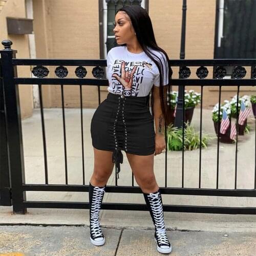 Black White Lace Up Drawstring Bandage Mini Skirt Women Harajuku High Waist Push Up Skinny Skirt Sexy Party Clubwear Skirt New