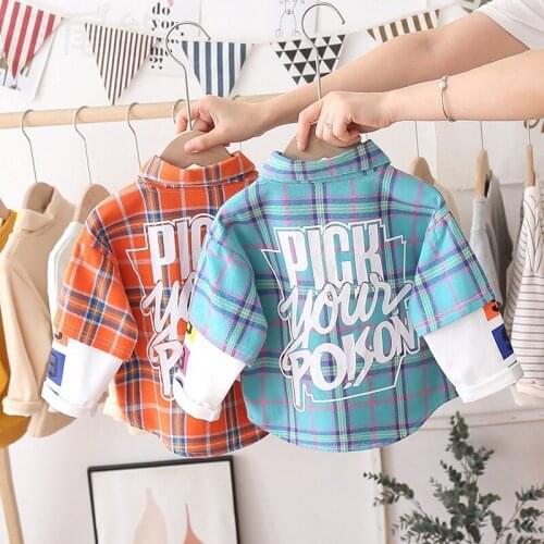 Fashion Children Autumn BOYS Joint Plaid Shirt Long Sleeve Casual Small CHILDRENS Piece Shirt T-shirt Childrenswear a Generati