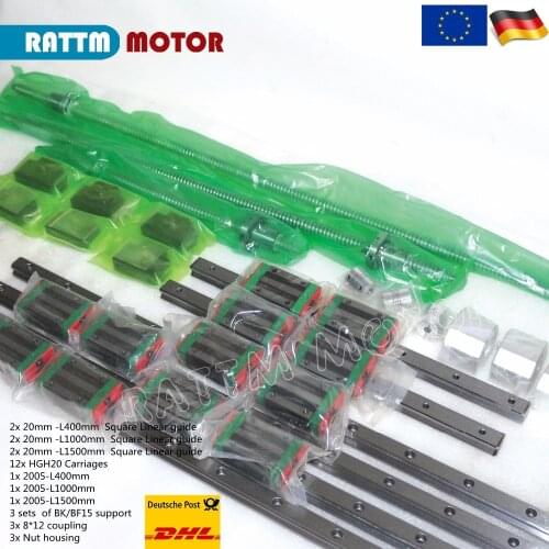 Square Linear guides Rail CNC Kit 6pcs 400/1000/1500mm & 3pc Ballscrew 2005-400/1000/1500mm with Nut & 3set BK/B15 & Couplings