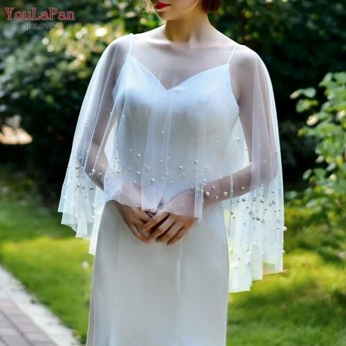 YouLaPan G27 Bride Wrap Short Front Long Back Wedding Cape Shawl Elegant Pearls Bridal Cape Cloak Shawl Cover over the Shoulder
