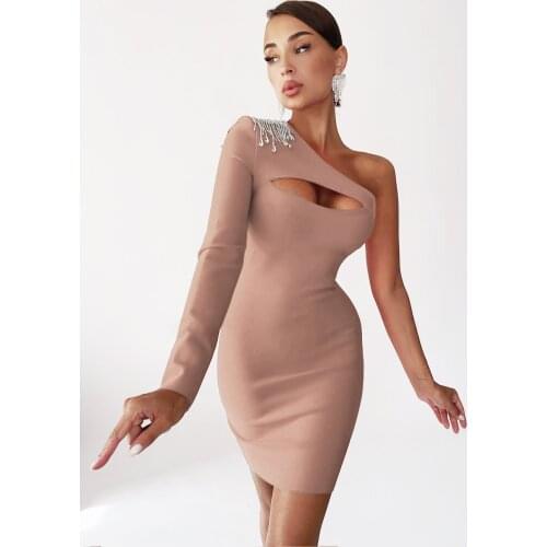 2021 New Fashion Women Pink One Shoulder Hollow Out Mini Bodycon Party Bnadage Dress