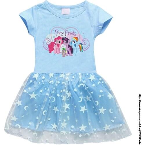 New European And American Girls Dress Cotton My Little Baby girl pony Cartoon Star Moon Gauze Short Sleeve Skirt