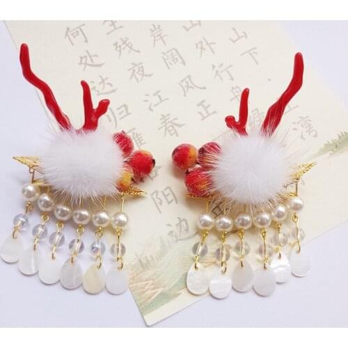 The Original hanfu headdress antique children hair accessories Christmas lovely hair bulbs antlers tassel hair clip to clip