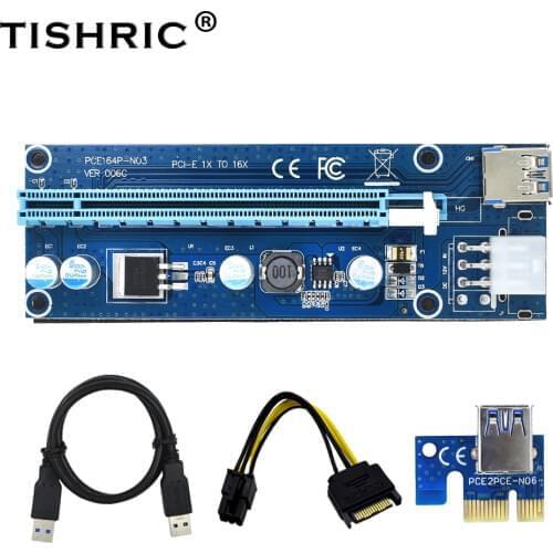 TISHRIC 100pcs VER006C 1x to 16x PCI Express PCI-E Riser Card Extender USB 3.0 Cable SATA to 6Pin IDE for Bitcoin Mining Miner