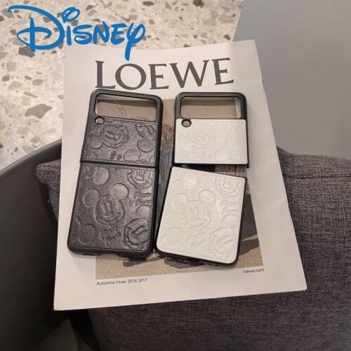 Disney Mickey Luxury Leather Phone Case for Samsung Galaxy Z Flip 3 Hard PC For Z Flip 1 2 ShockProof Back Cover Retro Print Bag