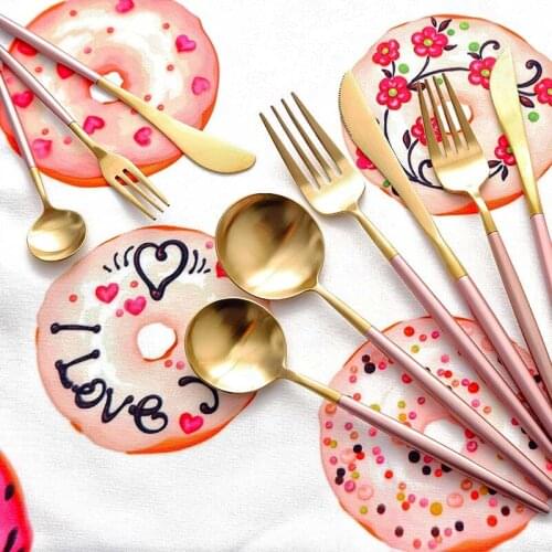 Stainless Steel Cutlery Tableware Set Steak Knife Main Fork Soup Scoop Slender Handle Dinnerware Pink Skidproof Handle 4pcs/set
