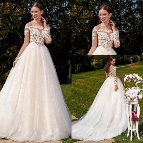 2020 Wedding Dresses Off Shoulder Long Sleeves Lace Appliques Beads Bridal Gowns Button Back Sweep Train A Line Wedding Dress