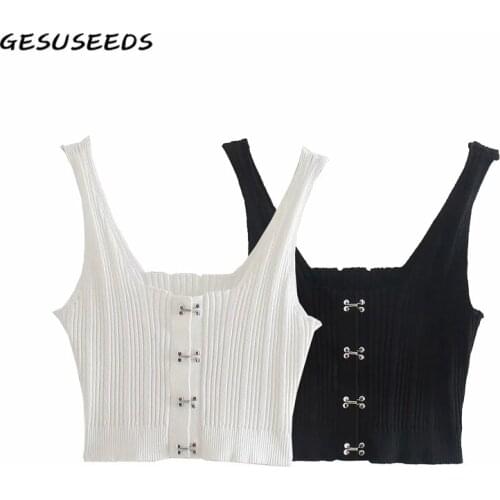 Sexy tops women 2021 summer knitted tank top sleeveless white crop top black ribbed tops u neck button up crop tank top vintage
