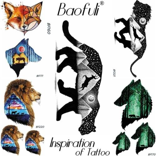 BAOFULI Men Universe Glacier Leopard Temporary Tattoo Black Deer Waterproof Nontoxic Tatoo Valiant King Wolf Fake Tattoo Sticker
