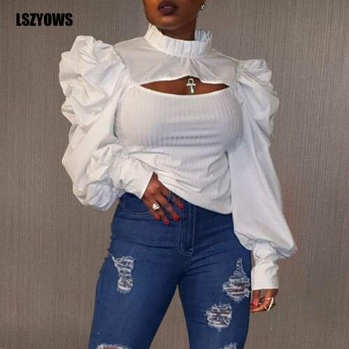 Women Fashion Puff Sleeve Sexy Hollow Out Ribbed T Shirts Casual Black White Orange Bodycon Female T-Shirt Party Streetwear 2021