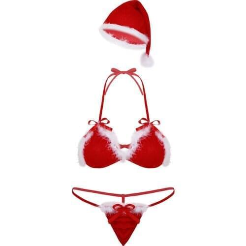 Red Color Womens Soft Velvet Sexy Santa Lingerie Christmas Costume Cosplay Erotic Set Sissy Halter Neck Bikini Underwear Set