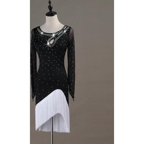 Custom Rhinestones Tassel Latin Dance Dress Women Long Sleeve Cha Cha Rumba Performance Competition Fringe Ballroom Dresses