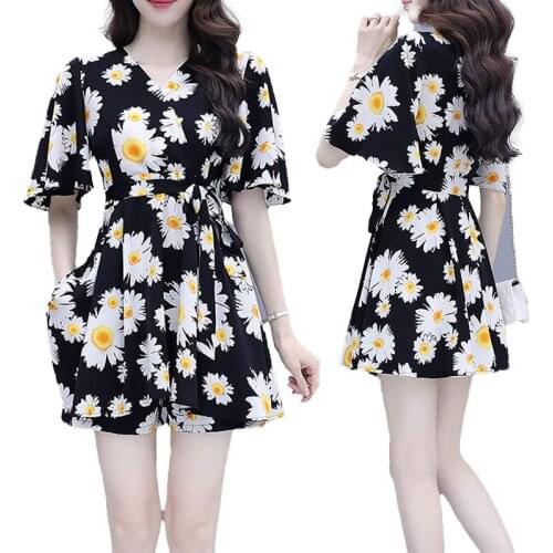 New Fashion Floral Print Summer Dress 2021 Sexy V-Neck Chiffon Dress+Shorts Female 2 Piece Womens Suit Fairy Dresses Loose