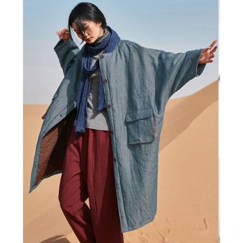 SCUWLINEN Women Thick Plus Size Parka 2020 Retro Batwing-sleeve Big Pocket Warm Long Yarn-dyed Linen Cotton Padded Coats S1146