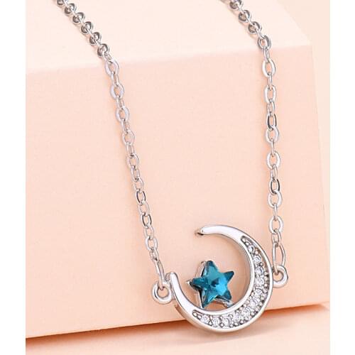 2021 Fashion Blue Star Crystal Cubic Zirconia Moon Charm Necklace Elegant Party Gathering Girls Trendy Gift
