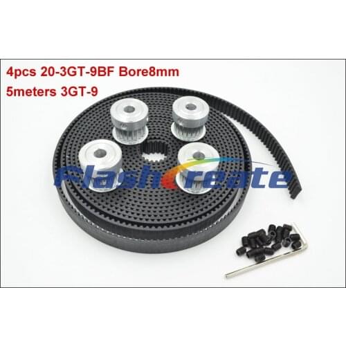 4pcs 20 Teeth 3GT Synchronous Pulley Bore 5/6.35/8mm + 5meters 3GT Rubber Belt Width 9mm 20teeth 20T GT3 Timing belt pulley