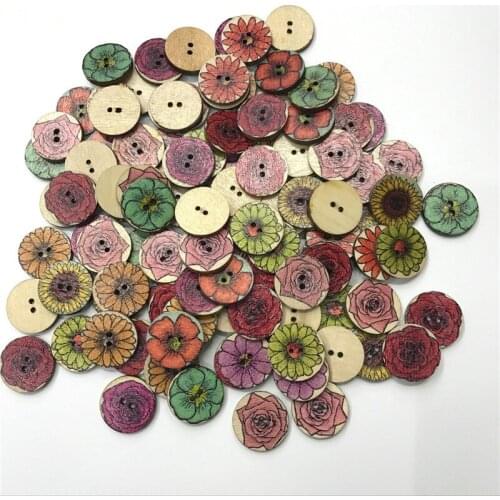 50pcs Mixed Wood Buttons Vintage Colorful Flowers Scrapbooking Sewing Craft 20mm Random Mixed Handmade Clothes Decor Buttons