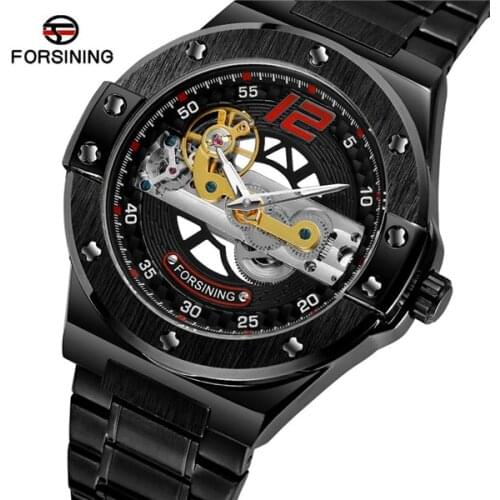 Forsining Classic Bridge Mechanical Watch Men Black Automatic Transparent Gear Full Steel Band Racing Male Sport Watches Relogio