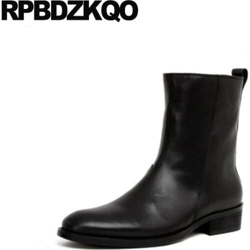 Black High Quality 2018 Shoes Full Grain Leather Faux Fur Fall Genuine Men Zipper Riding Chunky Mid Calf Mens Winter Boots Warm