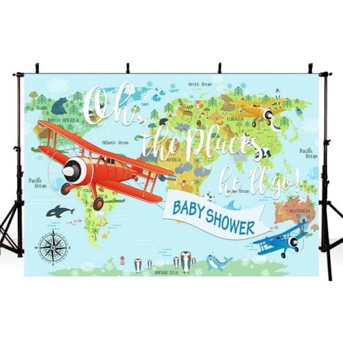 Backdrop photo studio world map plane travel theme birthday party baby shower custom photography background photocall printed