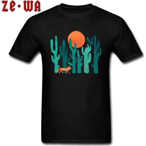 Fox In Cactus Forest T Shirt Men Smart Casual T-shirt Art Design Summer Clothes Cotton Tshirt Black Tops Minimalist Cartoon Tees
