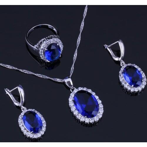 Perfect Oval Egg Blue Cubic Zirconia White CZ Silver Plated Jewelry Sets Earrings Pendant Chain Ring V0284
