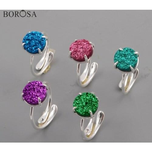 BOROSA Druzy Rings Silver Plated Claw 10mm Round Natural Agates Druzy Titanium Rainbow Drusy Adjustable Ring for Lady ZS0414