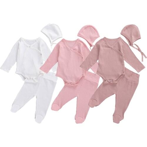 2020 Infant Baby Girls Boys Clothing Set Long Sleeve Solid Bodysuit + Elastic Waist Long Pants+ Hat Set Fall Clothes Sets 0-18M