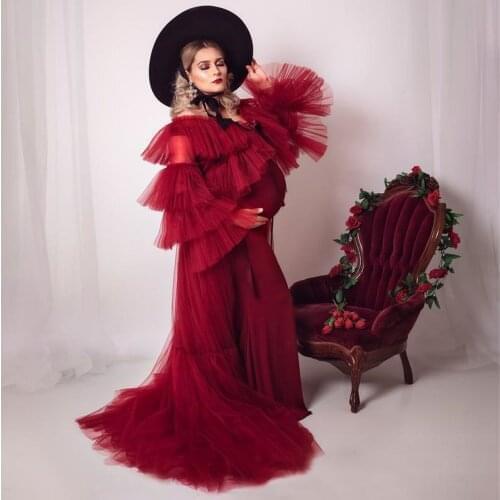 Red Maternity Dresses Ruffles Puffy Long Sleeve Maternity Gown for Photoshoot Boudoir Lingerie Bathrobe Nightwear Baby Shower