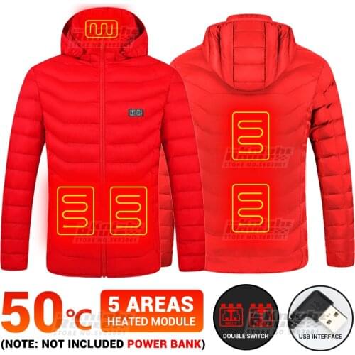 5 Areas Heated Jacket Autumn Winter Thermal Clothes Heated Vest Jackets Womens USB Coat Mens Hiking Hunting Windbreaker Red