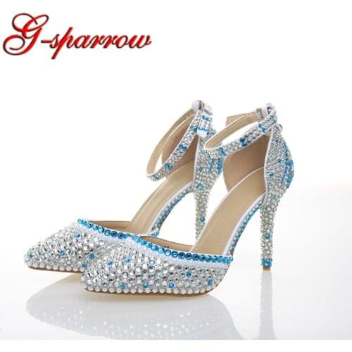 Fashion Woman Shoes Silver Blue Color Rhinestone Bridal Shoes Pointed Toe White Pearl Unique High Heels For Party Prom Ceremony