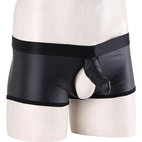 Gay Fetish Men Sexy Shiny Wet Look Boxer Brief with Penis Sheath Open Crotch Shorts Breathable Underwear Lingerie
