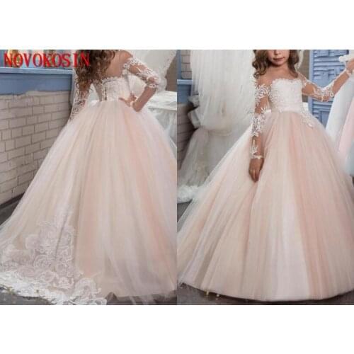 2019 New Cheap Flower Girls Dresses For Weddings Jewel Neck Long Sleeves Lace Birthday Dress Children Party Kids Girl Ball Gown