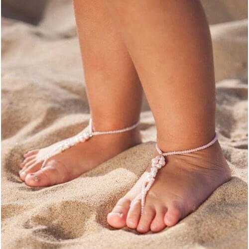 New Fashion Pink White Imitation Pearl Beaded Elasticity Toe Ring Baby Anklets Summer Beach Barefoot Sandals Child Foot Jewelry