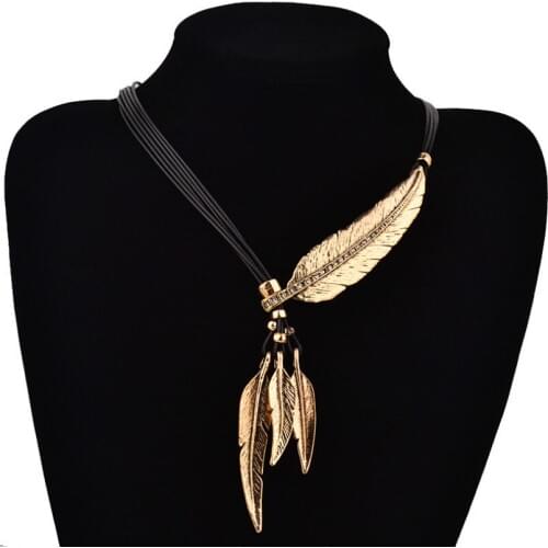 New Fashion Jewelry Vintage Feather Pendant Necklace Zircon Black Leather Multilayer Tassel Necklace Female Elegant Necklace