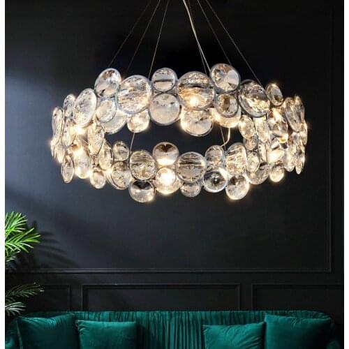 Post Modern Luxury Crystal Led Pendnat Lights Round Chrome Metal Led Hanging Light Living Room Lustre Suspend Lamp Deco Lamp
