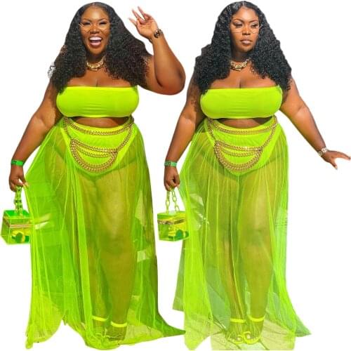 Sexy 2 Piece Set Women Outfits Mesh Beach Holiday Vacation Two Piece Sets Crop Top + Long Skirts Party Clubwear Plus Size 4XL
