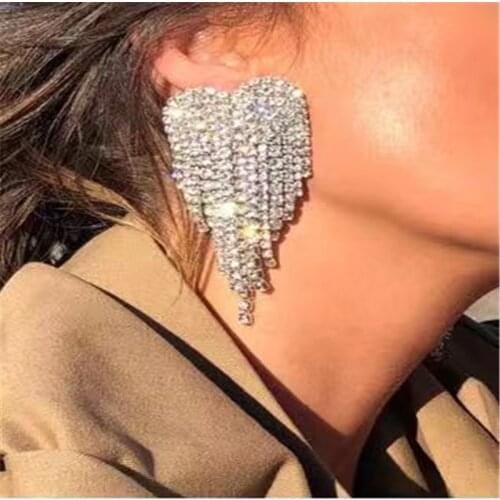 Full Rhinestone Tassel Earrings womens elegant large crystal heart-shaped pendant earrings wedding earrings jewelry accessories